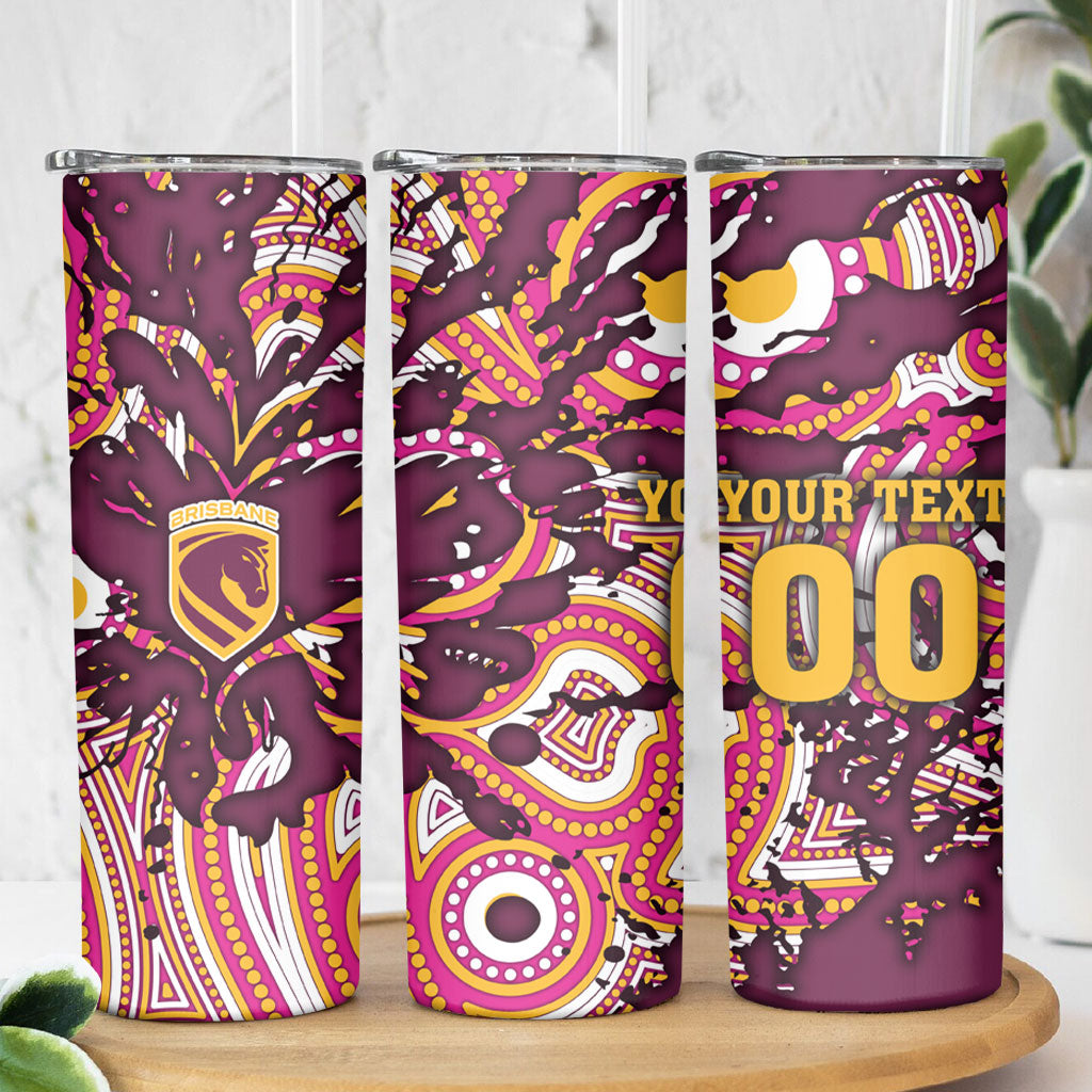 Personalised Brisbane Broncos Rugby Skinny Tumbler Aboriginal Art Style Pink And Gold Patterned Graphics