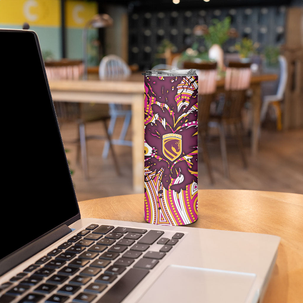 Personalised Brisbane Broncos Rugby Skinny Tumbler Aboriginal Art Style Pink And Gold Patterned Graphics