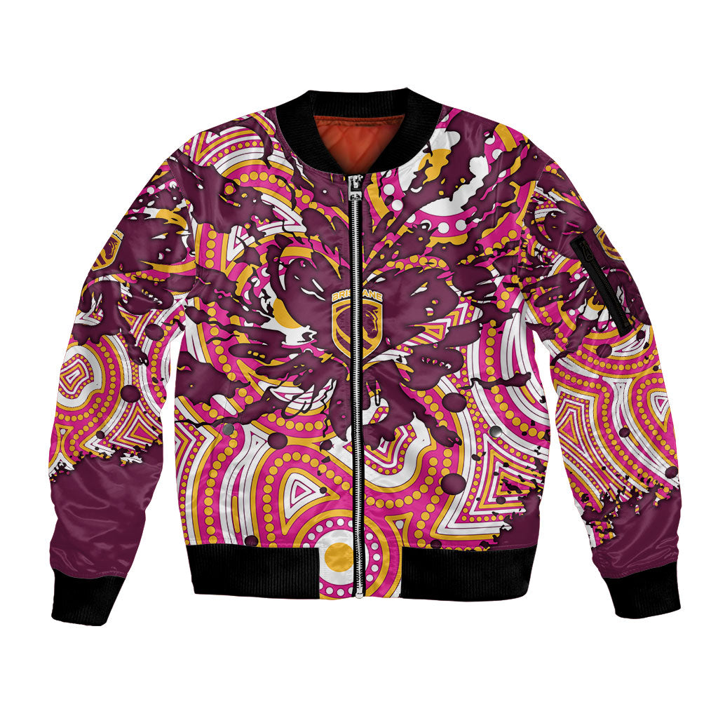 Personalised Brisbane Broncos Rugby Sleeve Zip Bomber Jacket Aboriginal Art Style Pink And Gold Patterned Graphics
