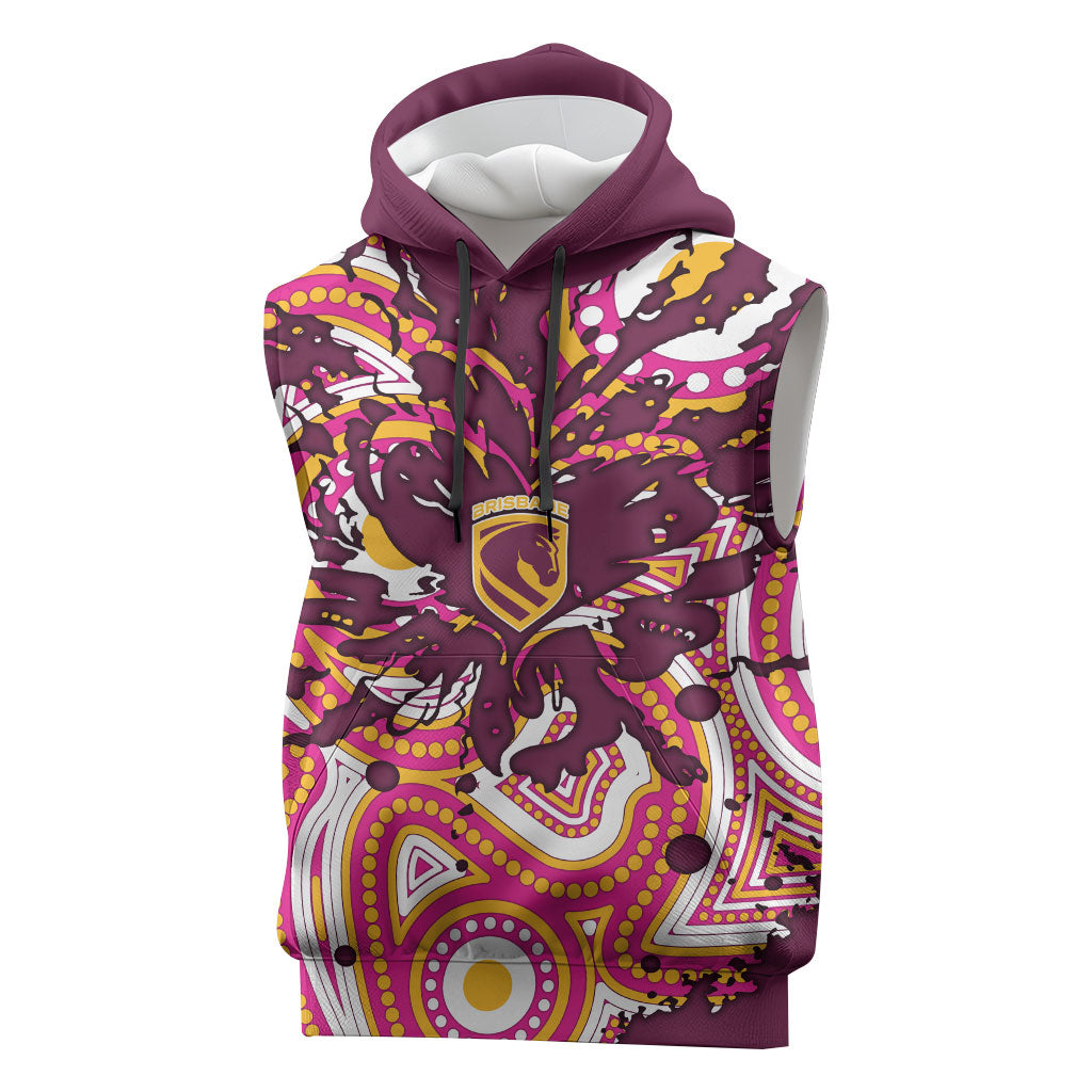 Personalised Brisbane Broncos Rugby Sleeveless Hoodie Aboriginal Art Style Pink And Gold Patterned Graphics