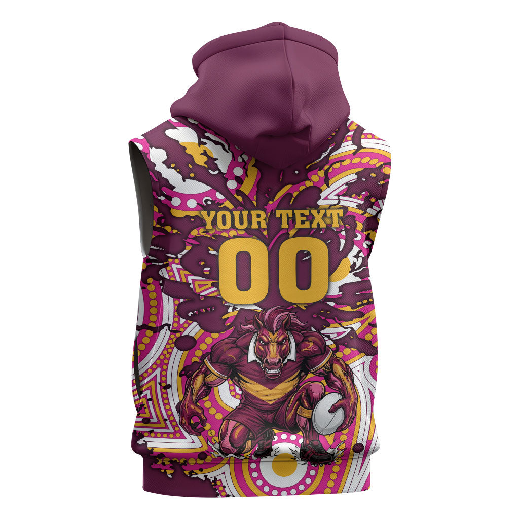 Personalised Brisbane Broncos Rugby Sleeveless Hoodie Aboriginal Art Style Pink And Gold Patterned Graphics
