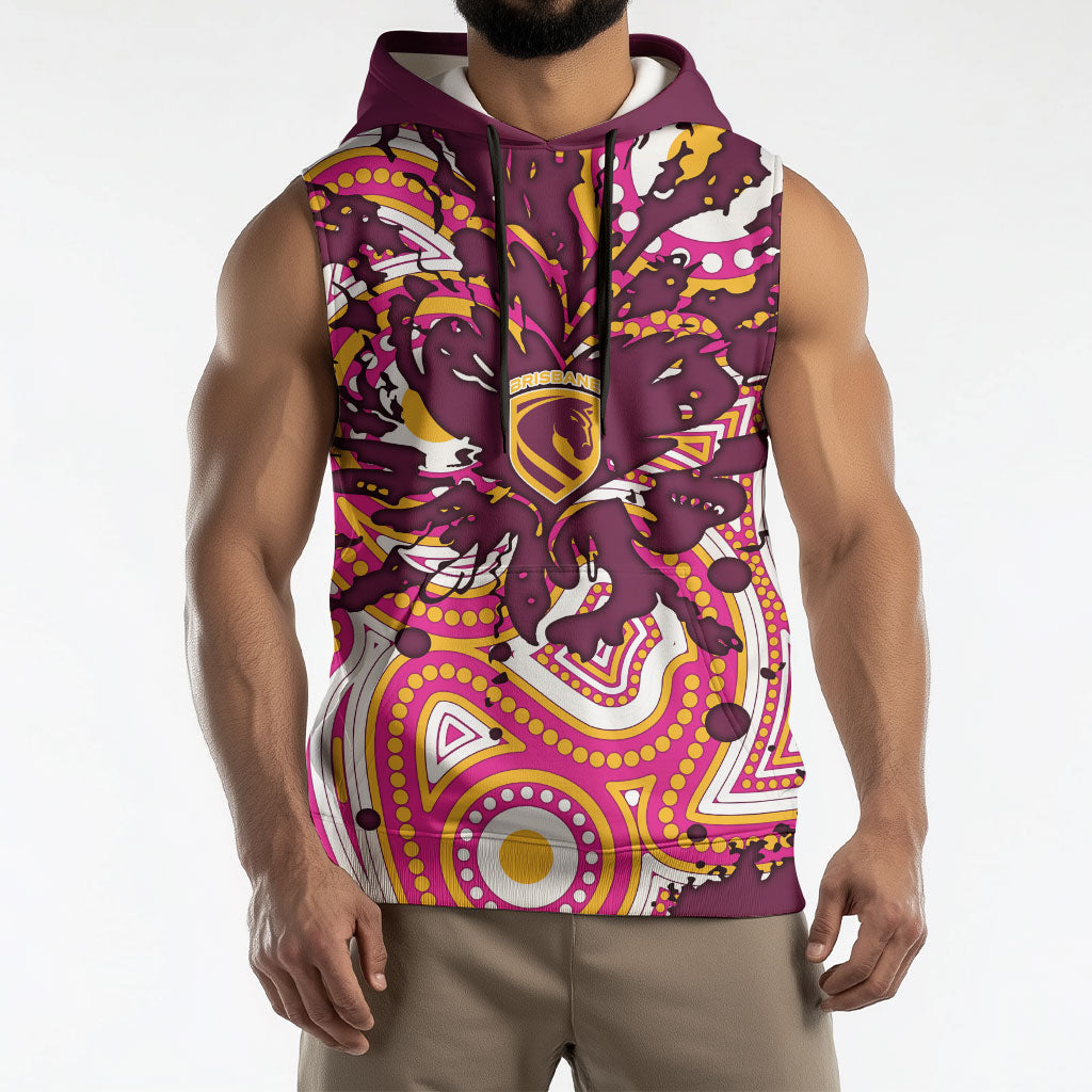 Personalised Brisbane Broncos Rugby Sleeveless Hoodie Aboriginal Art Style Pink And Gold Patterned Graphics