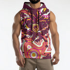 Personalised Brisbane Broncos Rugby Sleeveless Hoodie Aboriginal Art Style Pink And Gold Patterned Graphics