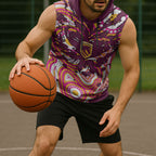 Personalised Brisbane Broncos Rugby Sleeveless Hoodie Aboriginal Art Style Pink And Gold Patterned Graphics