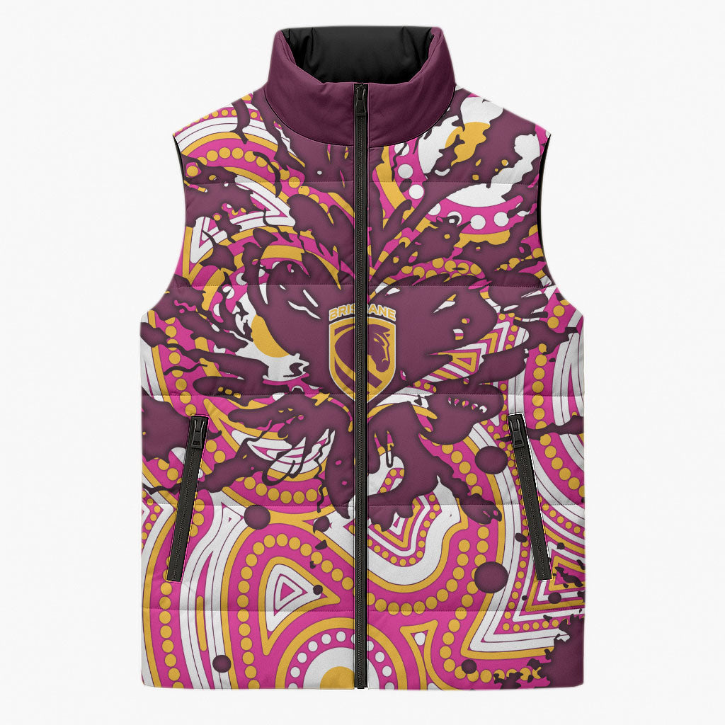 Personalised Brisbane Broncos Rugby Sleeveless Puffer Jacket Aboriginal Art Style Pink And Gold Patterned Graphics