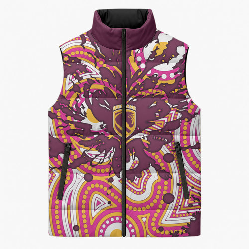 Personalised Brisbane Broncos Rugby Sleeveless Puffer Jacket Aboriginal Art Style Pink And Gold Patterned Graphics