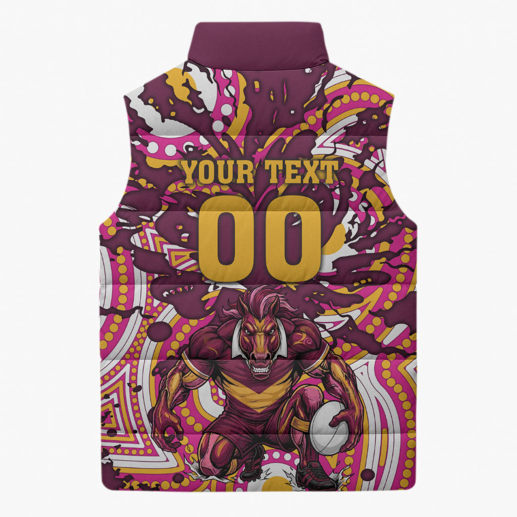 Personalised Brisbane Broncos Rugby Sleeveless Puffer Jacket Aboriginal Art Style Pink And Gold Patterned Graphics