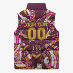 Personalised Brisbane Broncos Rugby Sleeveless Puffer Jacket Aboriginal Art Style Pink And Gold Patterned Graphics