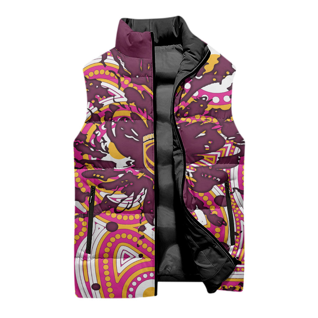 Personalised Brisbane Broncos Rugby Sleeveless Puffer Jacket Aboriginal Art Style Pink And Gold Patterned Graphics