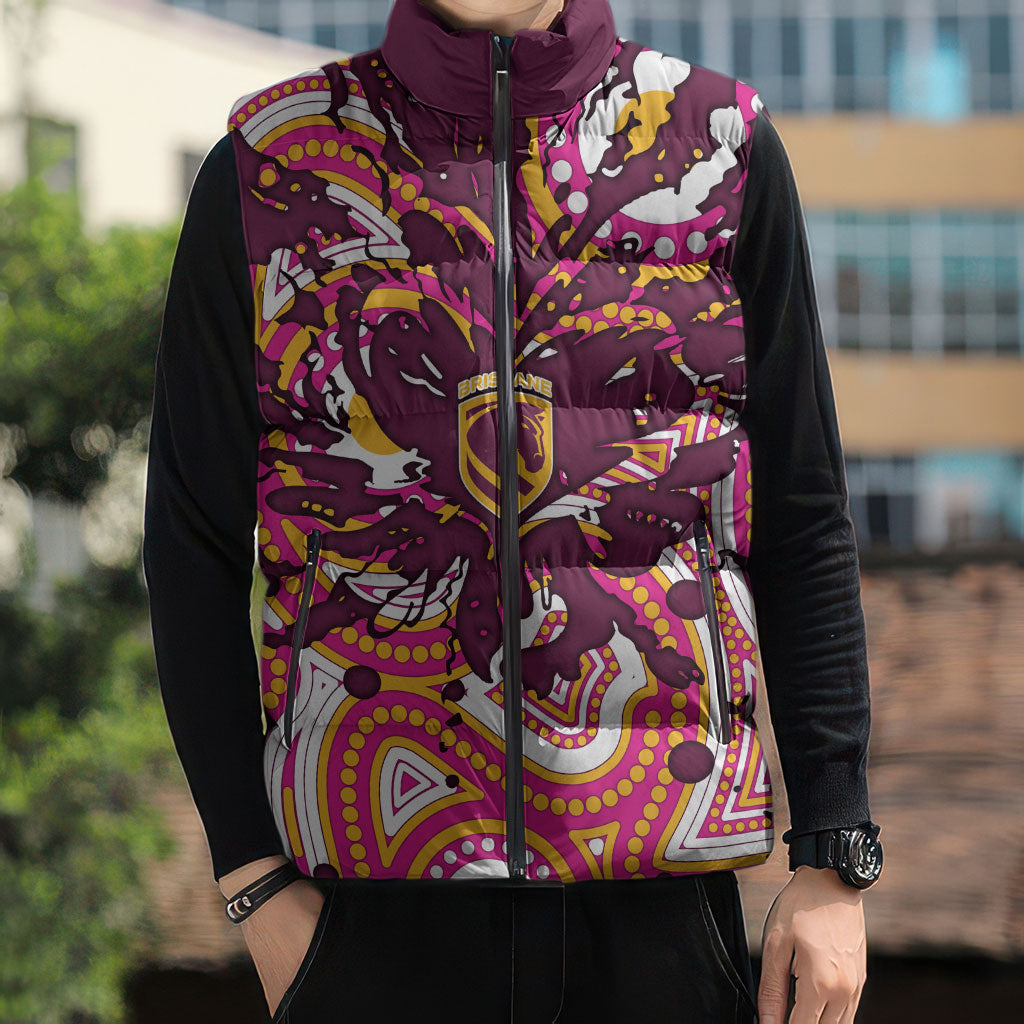 Personalised Brisbane Broncos Rugby Sleeveless Puffer Jacket Aboriginal Art Style Pink And Gold Patterned Graphics