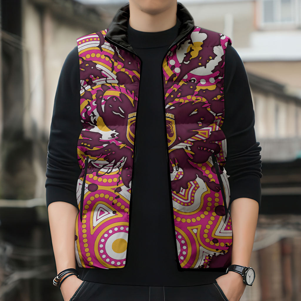 Personalised Brisbane Broncos Rugby Sleeveless Puffer Jacket Aboriginal Art Style Pink And Gold Patterned Graphics