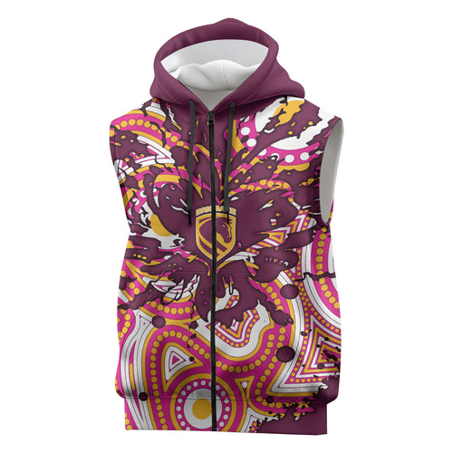 Personalised Brisbane Broncos Rugby Sleeveless Zip Hoodie Aboriginal Art Style Pink And Gold Patterned Graphics