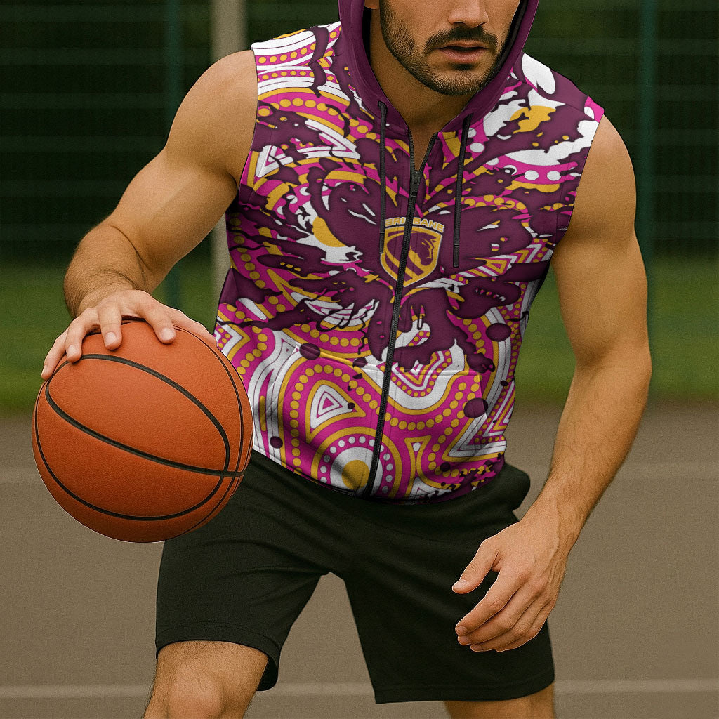 Personalised Brisbane Broncos Rugby Sleeveless Zip Hoodie Aboriginal Art Style Pink And Gold Patterned Graphics