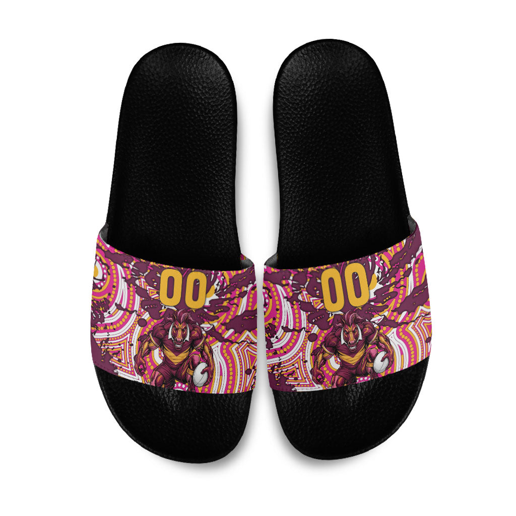 Personalised Brisbane Broncos Rugby Slide Sandals Aboriginal Art Style Pink And Gold Patterned Graphics