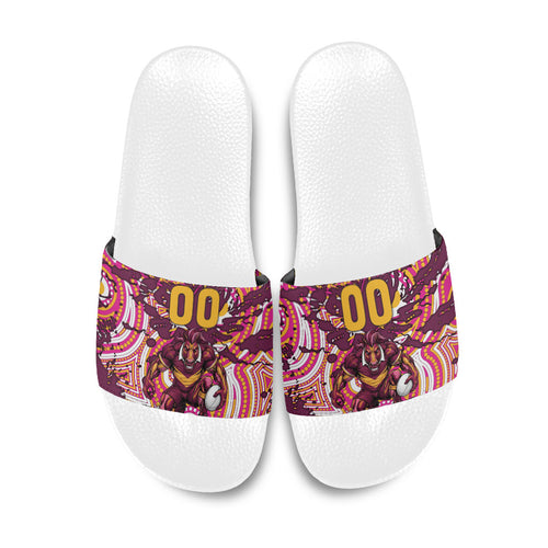 Personalised Brisbane Broncos Rugby Slide Sandals Aboriginal Art Style Pink And Gold Patterned Graphics