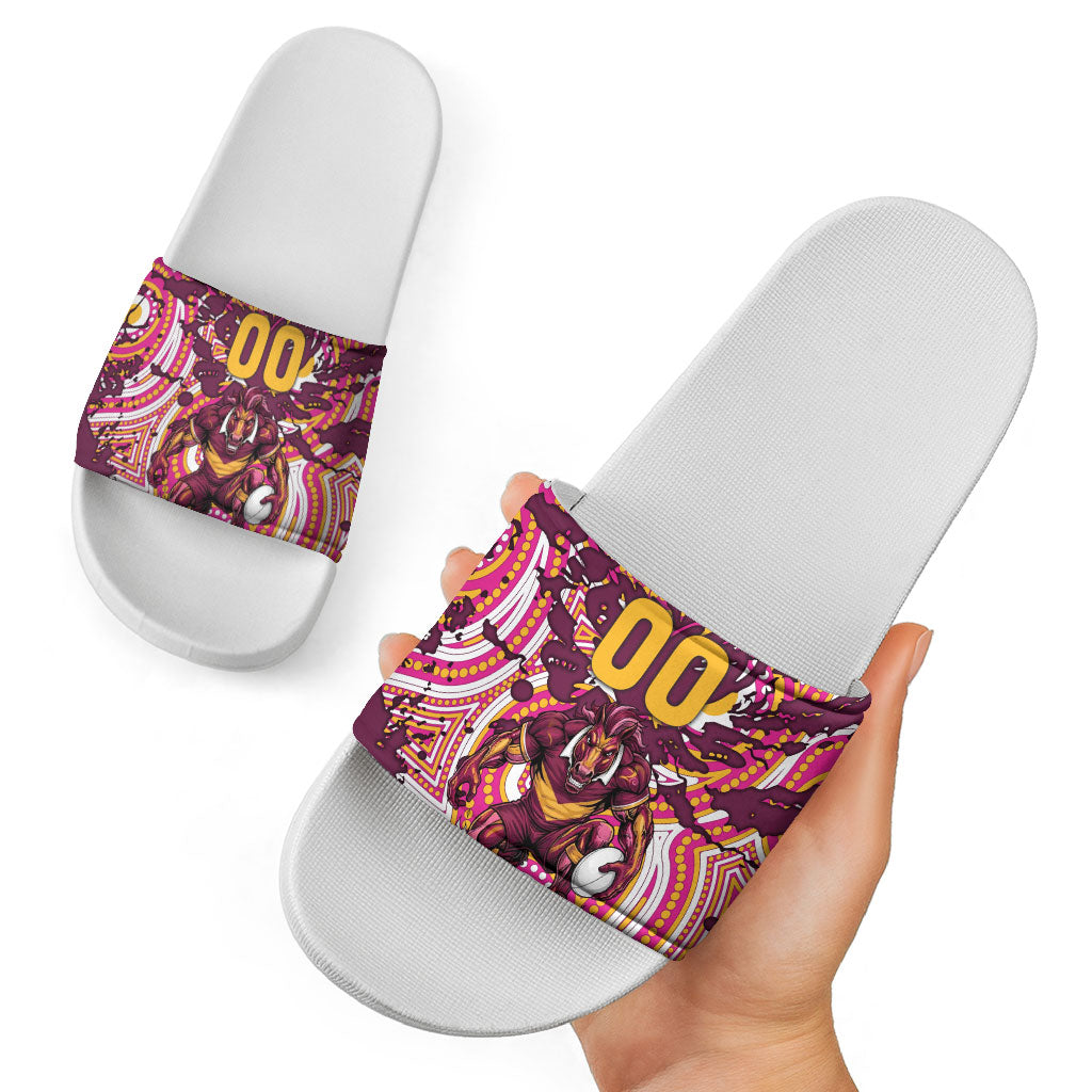 Personalised Brisbane Broncos Rugby Slide Sandals Aboriginal Art Style Pink And Gold Patterned Graphics