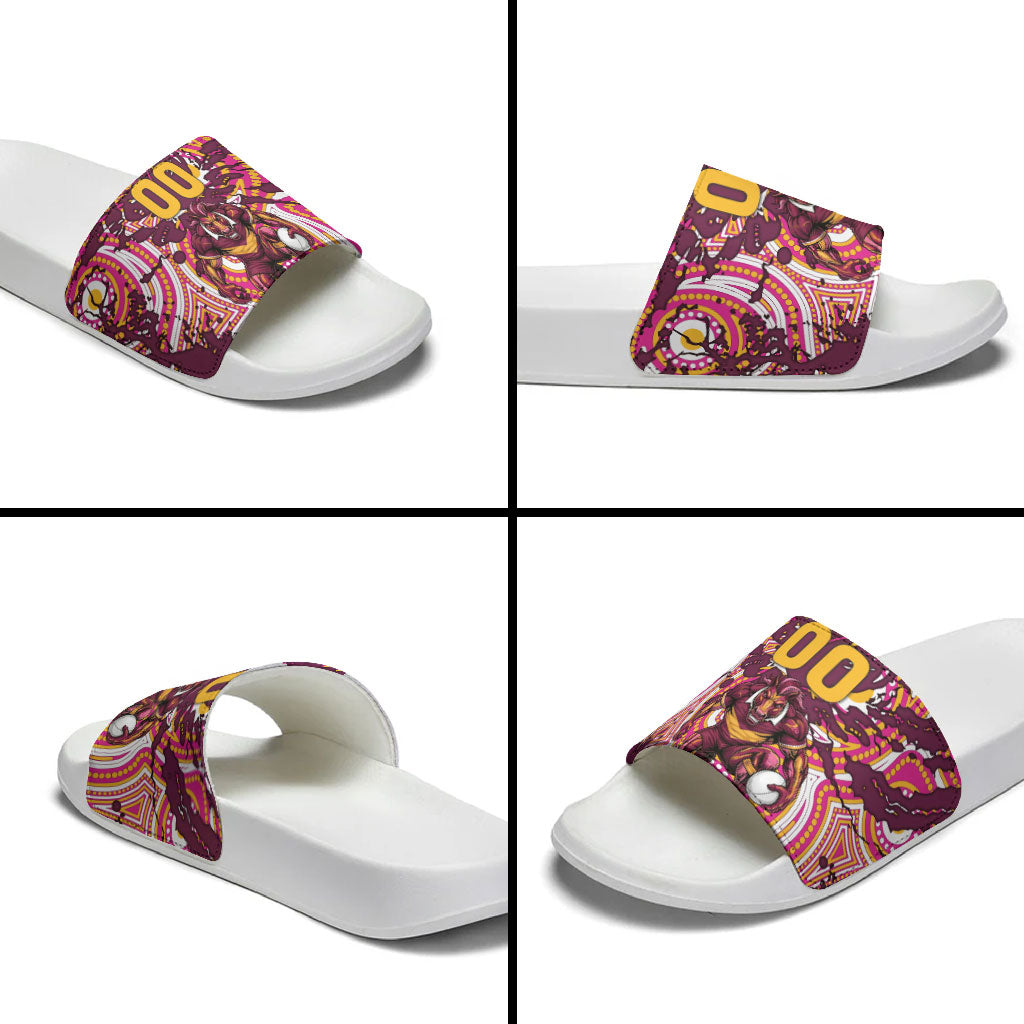 Personalised Brisbane Broncos Rugby Slide Sandals Aboriginal Art Style Pink And Gold Patterned Graphics