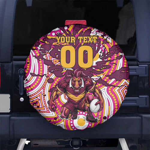 Personalised Brisbane Broncos Rugby Spare Tire Cover Aboriginal Art Style Pink And Gold Patterned Graphics