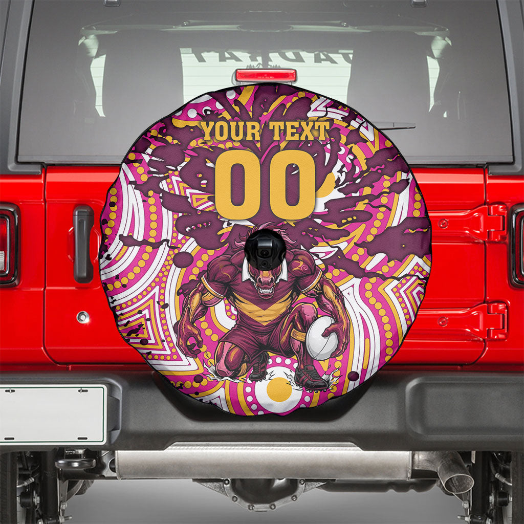 Personalised Brisbane Broncos Rugby Spare Tire Cover Aboriginal Art Style Pink And Gold Patterned Graphics