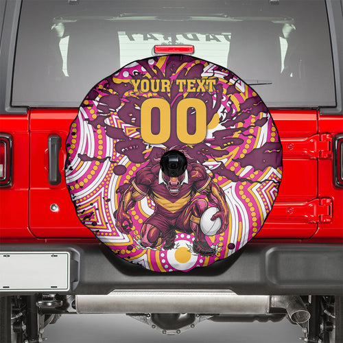 Personalised Brisbane Broncos Rugby Spare Tire Cover Aboriginal Art Style Pink And Gold Patterned Graphics