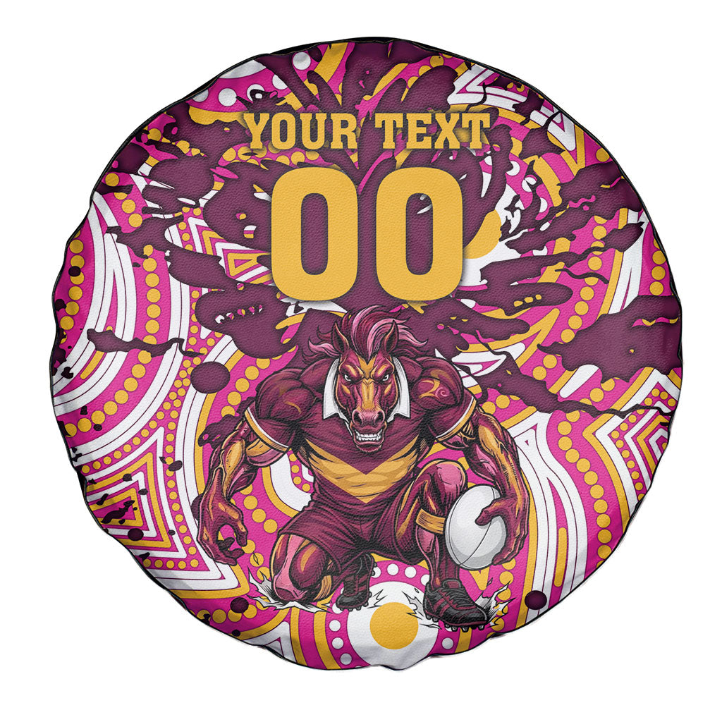 Personalised Brisbane Broncos Rugby Spare Tire Cover Aboriginal Art Style Pink And Gold Patterned Graphics