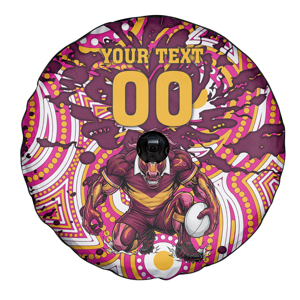 Personalised Brisbane Broncos Rugby Spare Tire Cover Aboriginal Art Style Pink And Gold Patterned Graphics