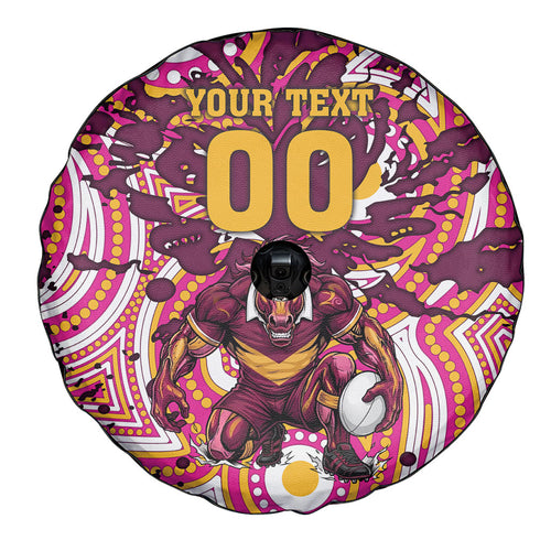 Personalised Brisbane Broncos Rugby Spare Tire Cover Aboriginal Art Style Pink And Gold Patterned Graphics
