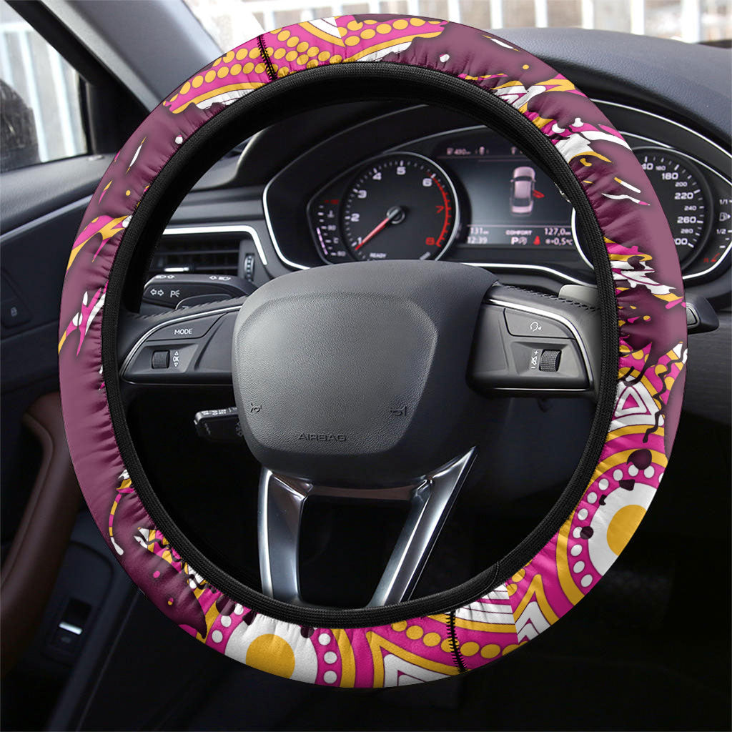 Brisbane Broncos Rugby Steering Wheel Cover Aboriginal Art Style Pink And Gold Patterned Graphics