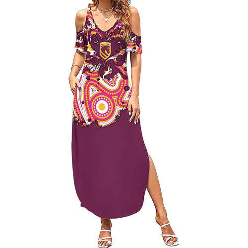 Personalised Brisbane Broncos Rugby Summer Maxi Dress Aboriginal Art Style Pink And Gold Patterned Graphics