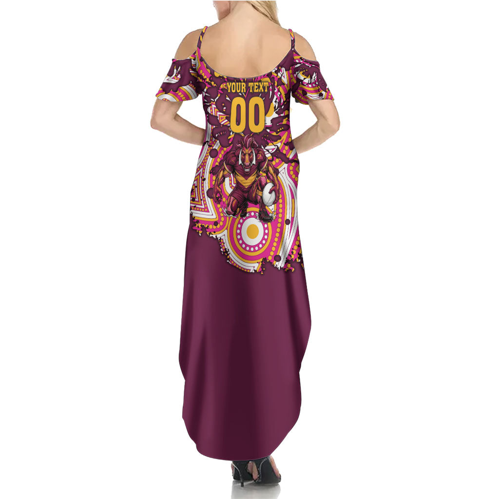 Personalised Brisbane Broncos Rugby Summer Maxi Dress Aboriginal Art Style Pink And Gold Patterned Graphics