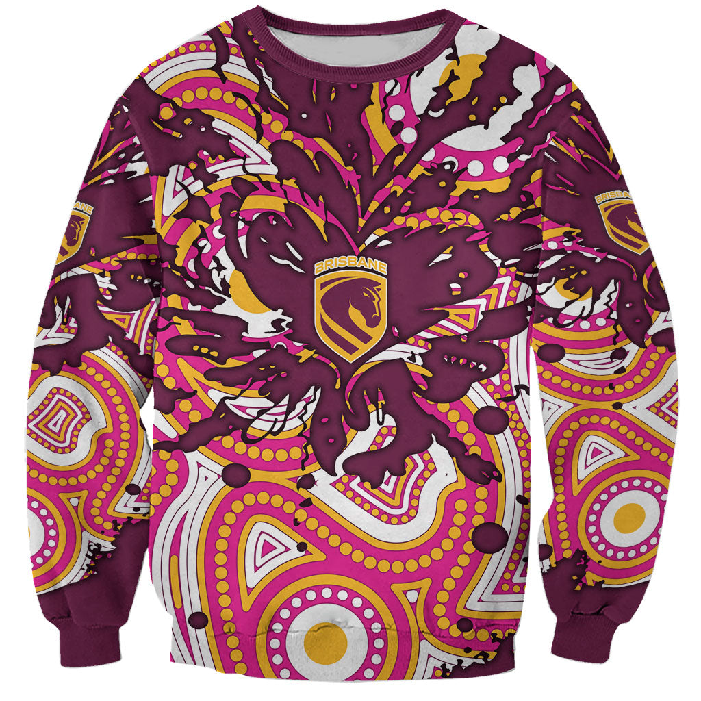 Personalised Brisbane Broncos Rugby Sweatshirt Aboriginal Art Style Pink And Gold Patterned Graphics