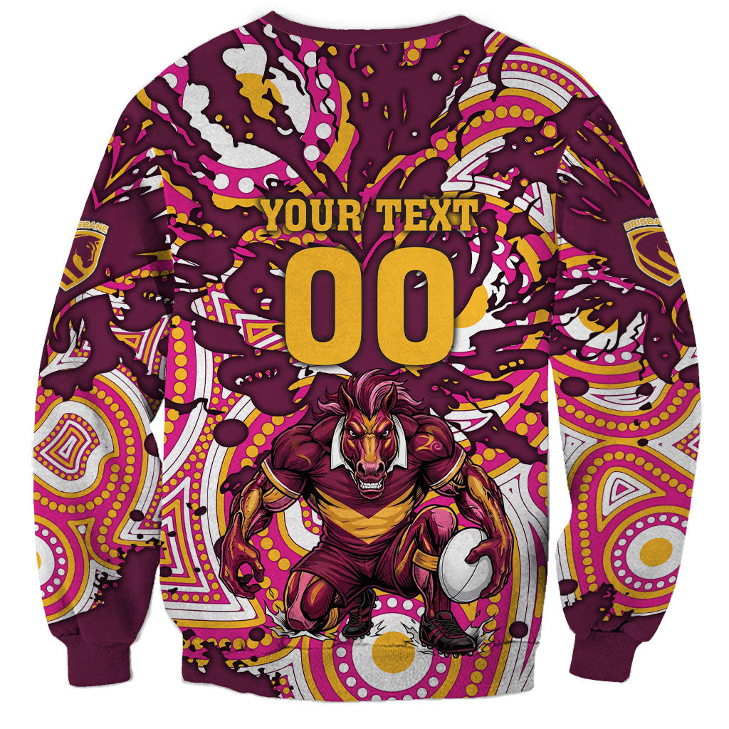 Personalised Brisbane Broncos Rugby Sweatshirt Aboriginal Art Style Pink And Gold Patterned Graphics