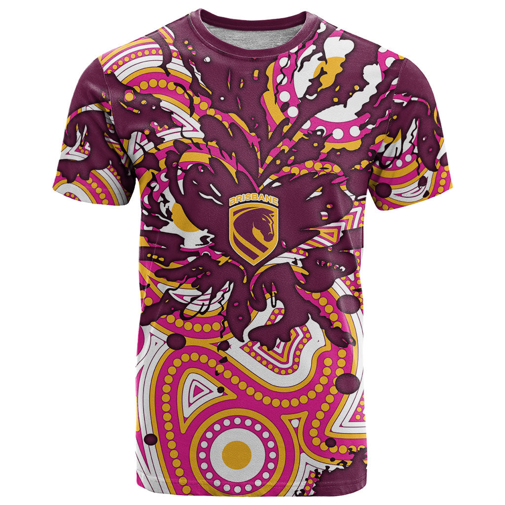 Personalised Brisbane Broncos Rugby T Shirt Aboriginal Art Style Pink And Gold Patterned Graphics