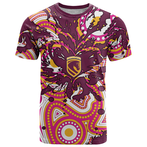 Personalised Brisbane Broncos Rugby T Shirt Aboriginal Art Style Pink And Gold Patterned Graphics