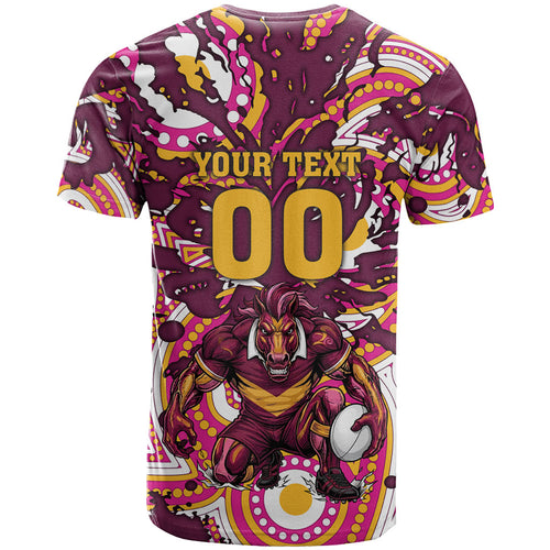 Personalised Brisbane Broncos Rugby T Shirt Aboriginal Art Style Pink And Gold Patterned Graphics