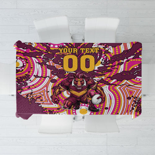 Personalised Brisbane Broncos Rugby Tablecloth Aboriginal Art Style Pink And Gold Patterned Graphics