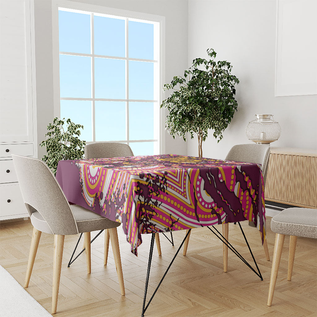Personalised Brisbane Broncos Rugby Tablecloth Aboriginal Art Style Pink And Gold Patterned Graphics
