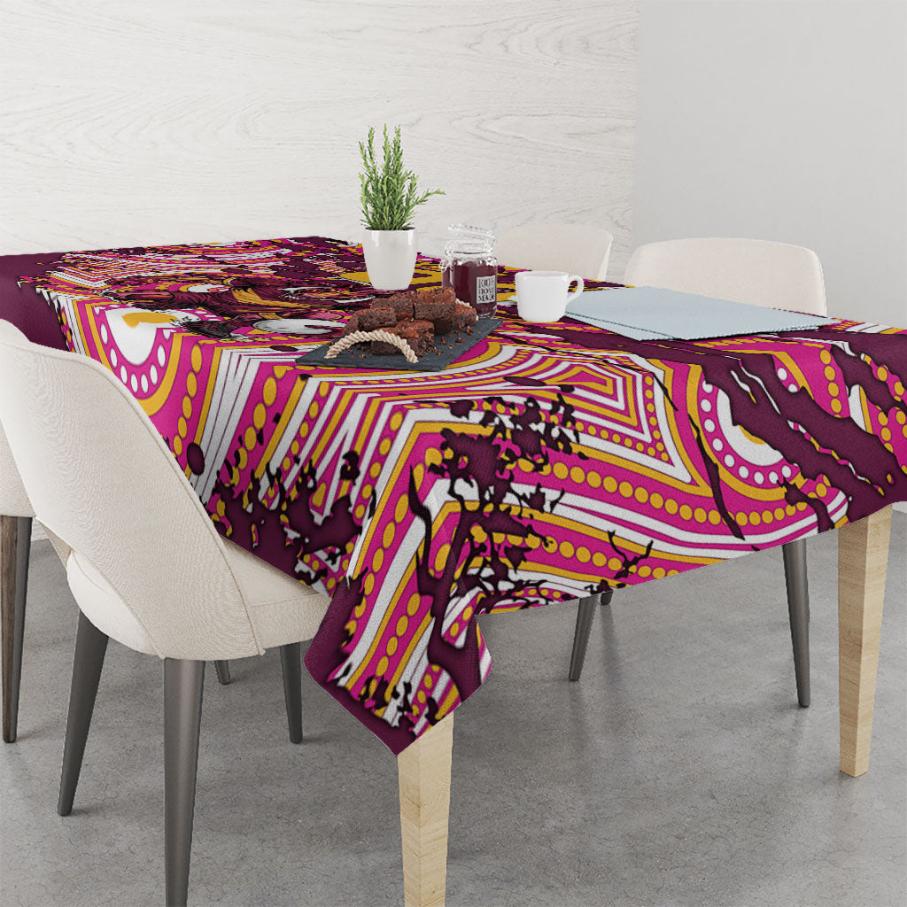 Personalised Brisbane Broncos Rugby Tablecloth Aboriginal Art Style Pink And Gold Patterned Graphics