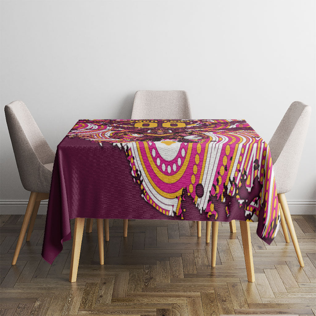 Personalised Brisbane Broncos Rugby Tablecloth Aboriginal Art Style Pink And Gold Patterned Graphics