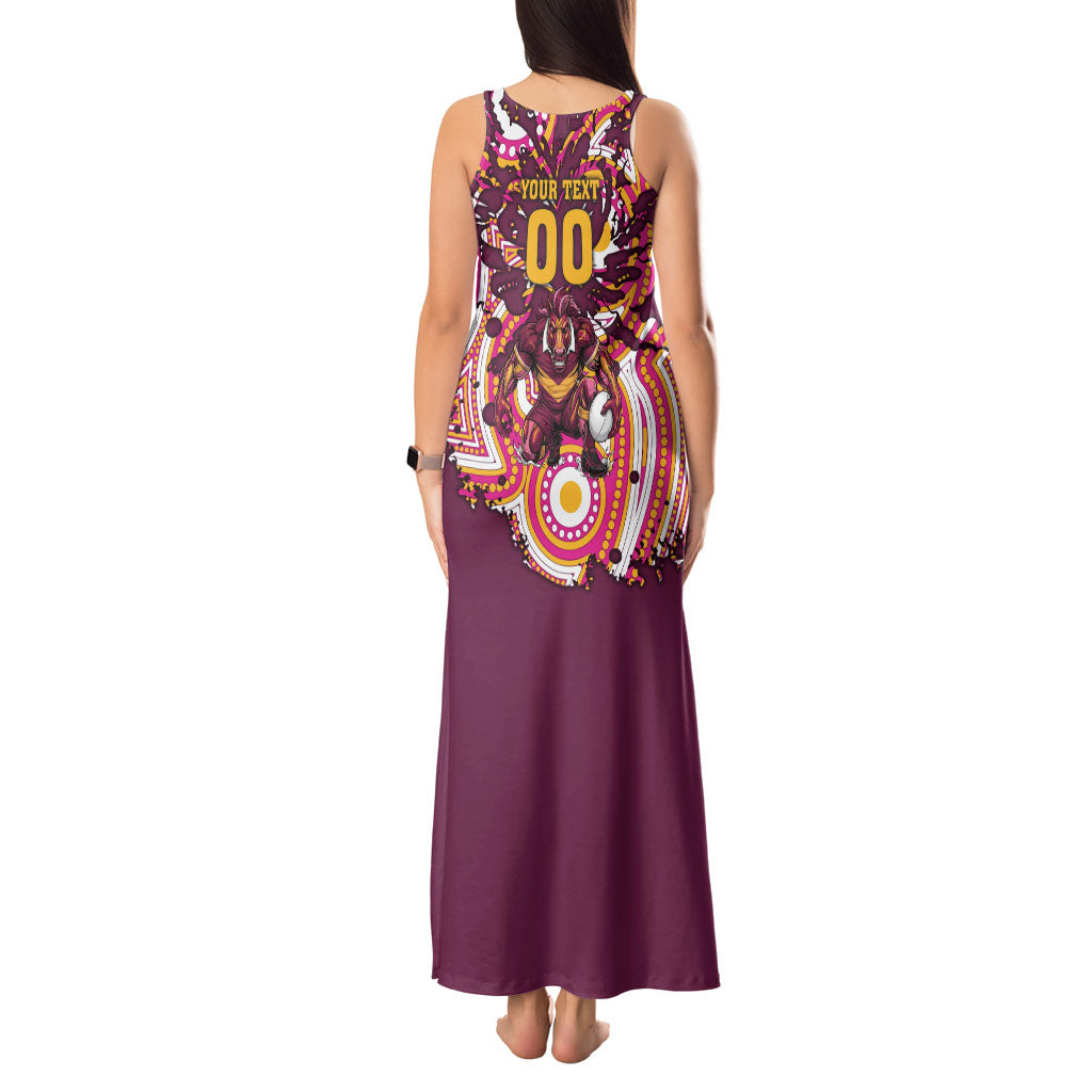Personalised Brisbane Broncos Rugby Tank Maxi Dress Aboriginal Art Style Pink And Gold Patterned Graphics