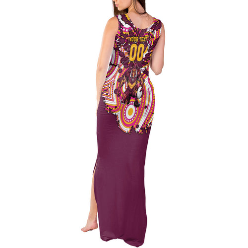 Personalised Brisbane Broncos Rugby Tank Maxi Dress Aboriginal Art Style Pink And Gold Patterned Graphics