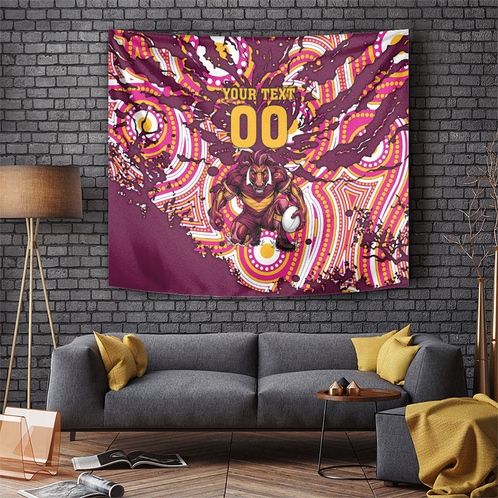 Personalised Brisbane Broncos Rugby Tapestry Aboriginal Art Style Pink And Gold Patterned Graphics