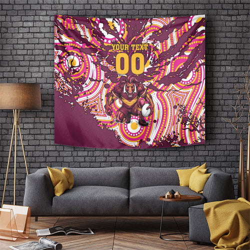Personalised Brisbane Broncos Rugby Tapestry Aboriginal Art Style Pink And Gold Patterned Graphics