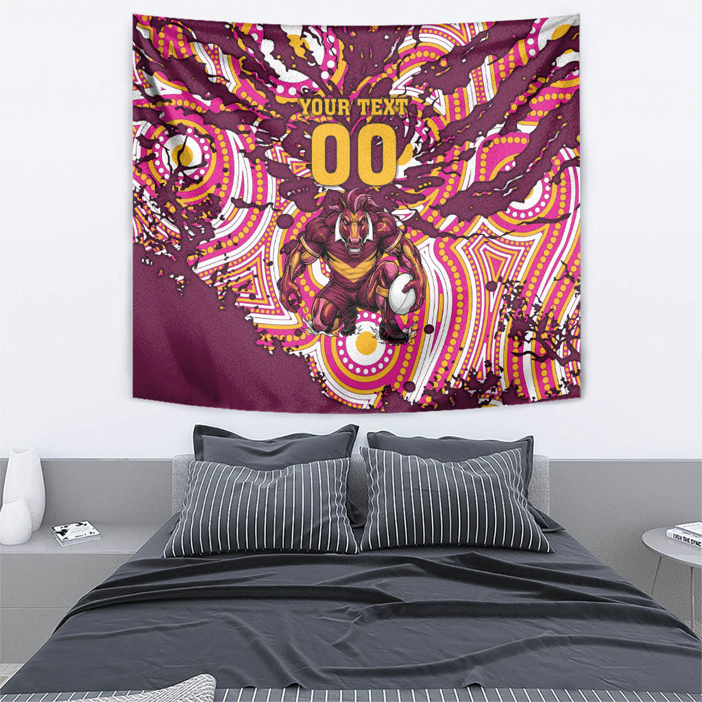 Personalised Brisbane Broncos Rugby Tapestry Aboriginal Art Style Pink And Gold Patterned Graphics