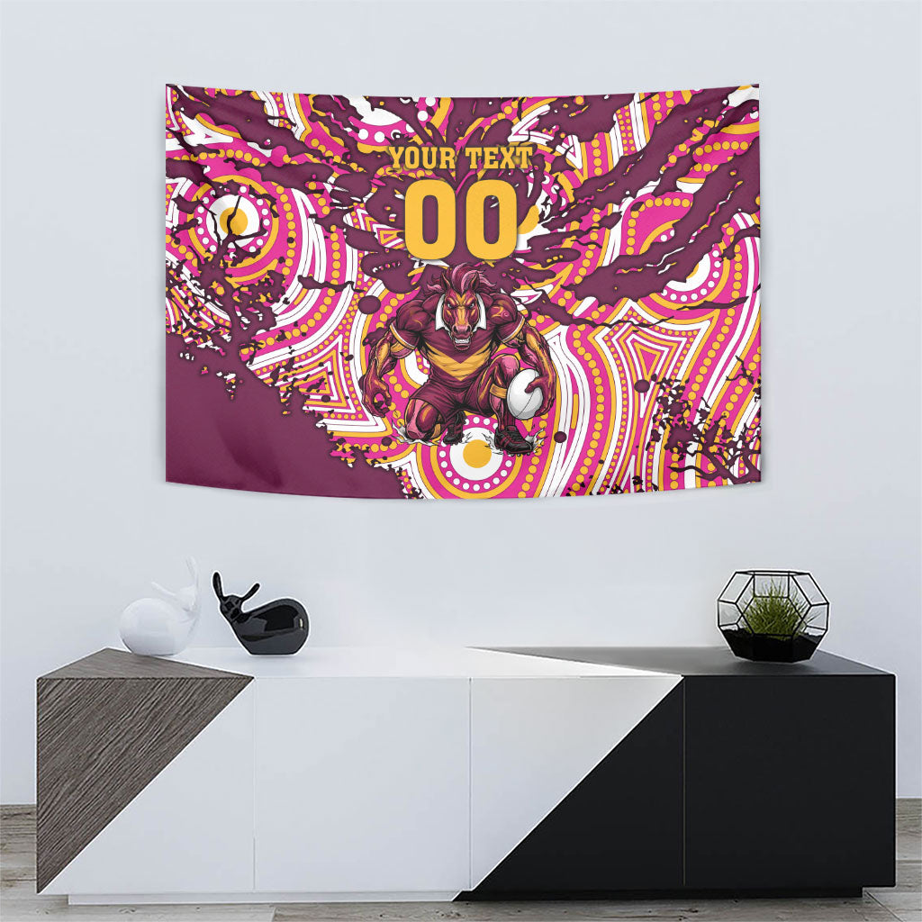 Personalised Brisbane Broncos Rugby Tapestry Aboriginal Art Style Pink And Gold Patterned Graphics