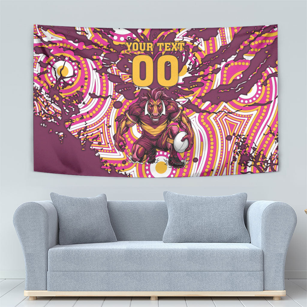 Personalised Brisbane Broncos Rugby Tapestry Aboriginal Art Style Pink And Gold Patterned Graphics