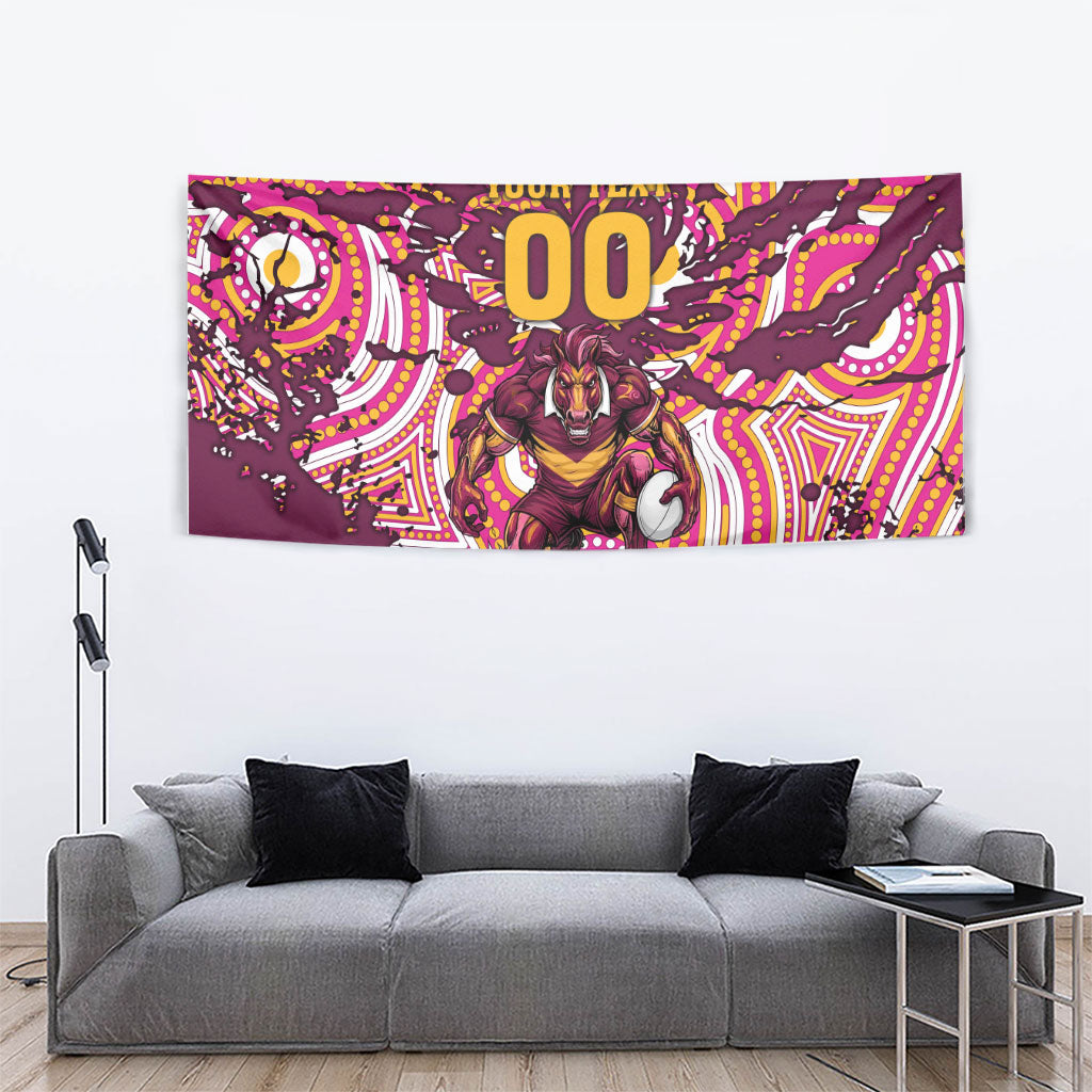 Personalised Brisbane Broncos Rugby Tapestry Aboriginal Art Style Pink And Gold Patterned Graphics