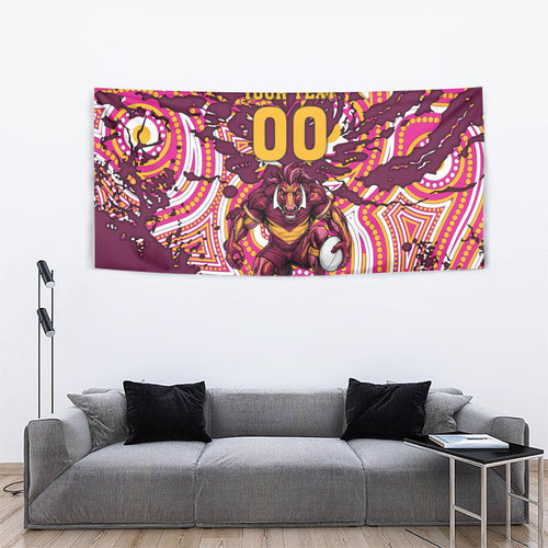 Personalised Brisbane Broncos Rugby Tapestry Aboriginal Art Style Pink And Gold Patterned Graphics