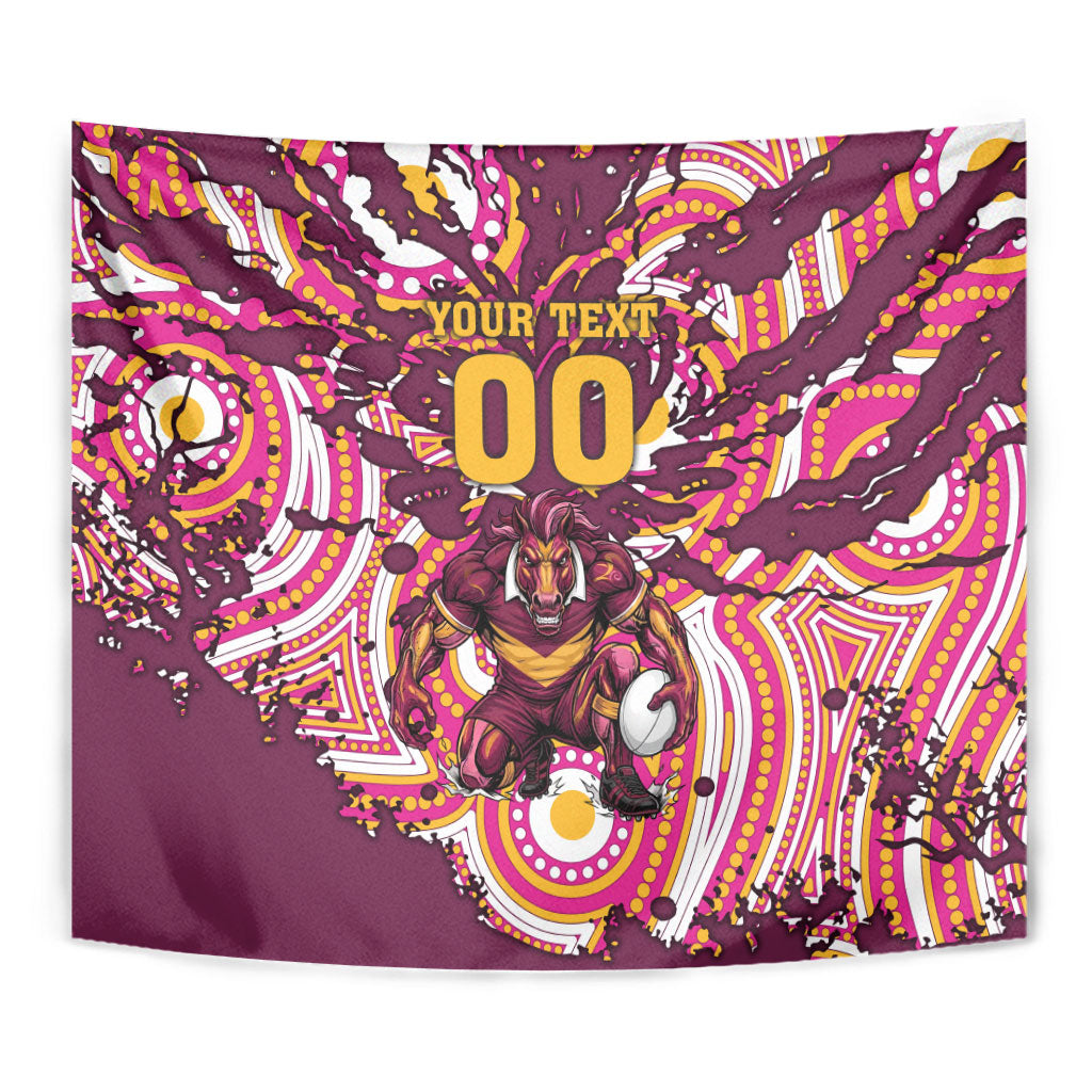 Personalised Brisbane Broncos Rugby Tapestry Aboriginal Art Style Pink And Gold Patterned Graphics