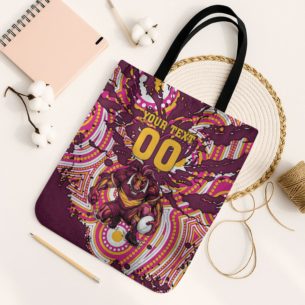 Personalised Brisbane Broncos Rugby Tote Bag Aboriginal Art Style Pink And Gold Patterned Graphics